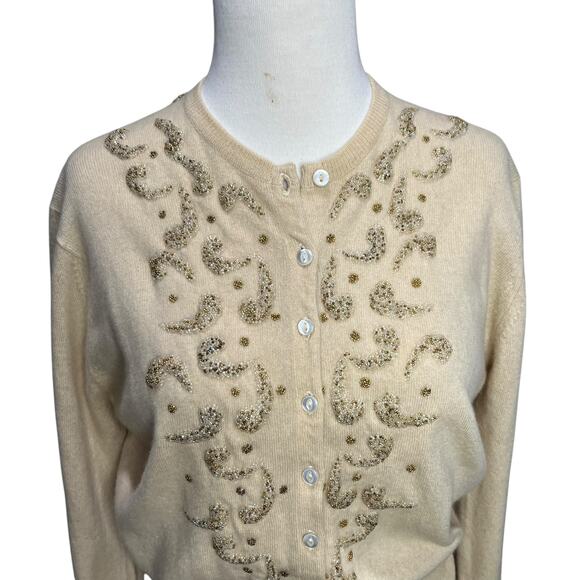 Vintage 50-60s Beaded Cardigan Sweater Womens XS-S Embroidered Soft Elegance - Picture 4 of 12